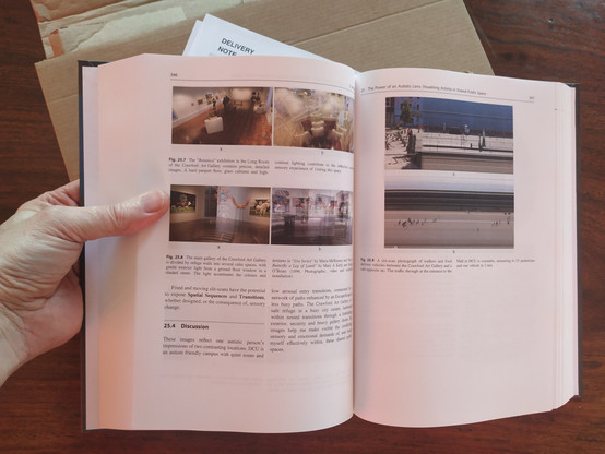 A photo of the printed proceedings of the UIA2023 World Congress of Architects, Copenhagen. Images of the Crawford Gallery, Cork City (left page) and slitscans of pedestrian movement in the public space outside the gallery.