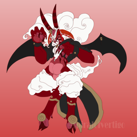 A goat like monster that has a slice of red velvet cake for a head. He's wearing a fancy vampire like outfit with his fangs showing.