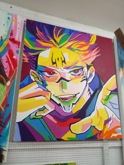 a painting of a figure, his body a prism of colors, he is a manga-style character, his hair blowing around wildly, his hand reaching out to the viewer