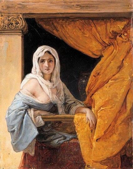 a woman with a long white fabric for a head covering, blue robes on, her shoulder and part of her chest showing, she is seen from the stomach up at the window of a tan building, an orange drape pulled to the side, the inside of the window behind her is dark