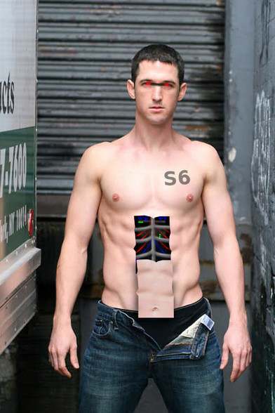 A shirtless male android with ripped abs stands at a loading dock. it has "S6" on its left pectoral. It has a laser bar for eyes like KITT from Knight Rider. Its abdominal panel is slide down revealing endoskeleton structure and missing components