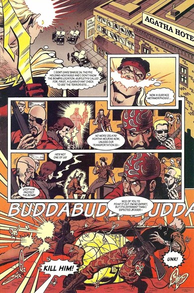 a page from the comic book, a gunfight breaks out on the street