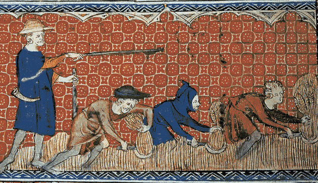 Pairing of medieval serfs getting whipped