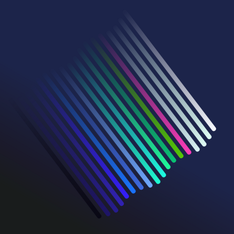 Dark gradient background (dark grey in the bottom left, to blue in the top right). In the centre are 17 stacked coloured bands. Each band is a different colour, and are angled and faded in the top left, to full colour in the bottom right