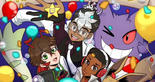 Promo banner of the Friendo Year Endo awards. It's a drawing of the co-hosts: PrezOfTheCastle, HydroxideAnt, and The3rdKnight. It also includes some Pokemons (most noticeably Gengar), and tons of balloons and bubbles.