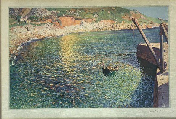 an impressionist painting of a cove, white rocks on the beach with green and plants above them, the surface of the water dappled with yellow, blue, green, and violet dabs of paint, there is a boat with several people in it, the sky is blue and sunny