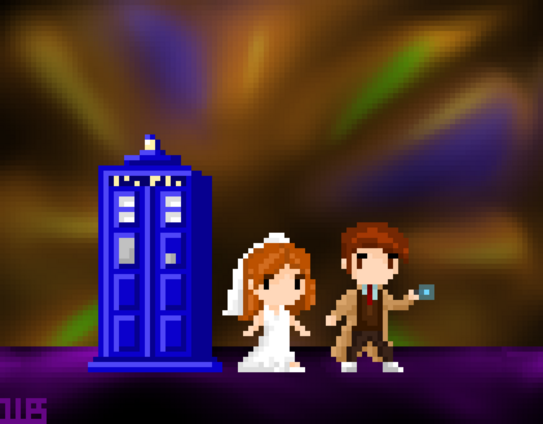 Pixel art, chibi style.
The tenth doctor (a white man with brown short hair and a long brown coat) and Donna (a white woman with red hair in a white wedding dress) standing in space next to the tardis (a blue police box)