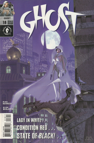 a cover of a comic book, in the upper left corner is the dark horse comics logo, in sharp fat letters at the top it says 'ghost, the illustration is of ghost, a woman who wears tall boots, a corset, and a large cape and hood, all white, holds two pistols, one in each hand, she stands on a gargoyle on the side of a building, the color scheme for the buildings behind her is purple with yellow windows, the text at the bottom reads 'lady in white....condition red....state of black!...