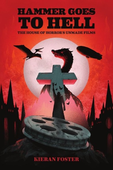 A spooky themed book cover with a decaying film and a cross against a red sky and silvery moon. Monsters swirl around in profile in front of the moon, and a scary figure stands in front of the cross. But gothic buildings around the edges.
