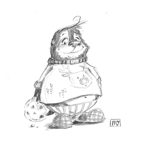 Bleistiftzeichnung. Ein Maulwurf in Weihnachtspulli, Schlafanzughose und karierten Puschen hält einen Keks hinter dem Rücken versteckt und grinst.