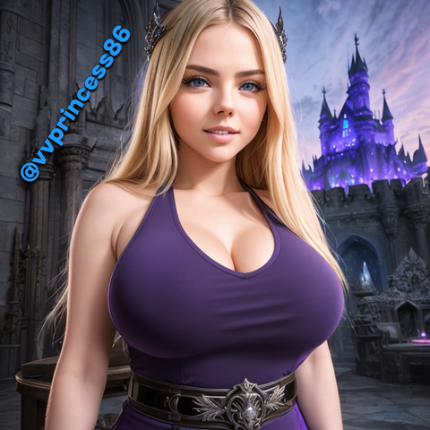 Al art of my likeness with accurate depiction of my body, face and hair created in a program using my own personal actual photos. My long blonde hair is down. I am wearing a purple dress with a metallic belt as well as a tiara on the back of my head. I am standing around gothic architecture. In the background is a dark castle with a dark sky in a dark realm.