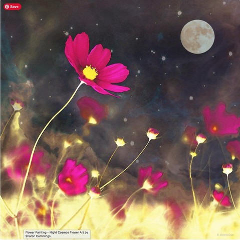 hot pink cosmos flowers in a night sky with stars and full moon by artist and poet Sharon Cummings.  Haiku in post.