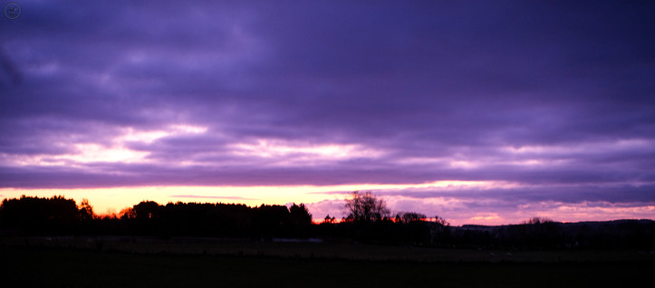 Wide shot of sunset clouds over farmland