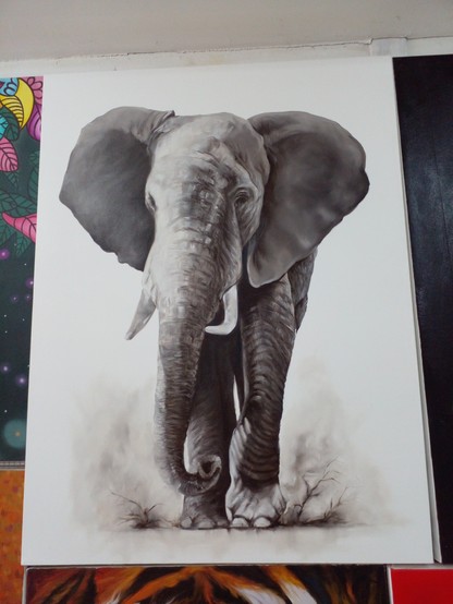 a painting of a black and white elephant, white blank background, dust coming up from its feet as its walking towards the viewer, it is looking to the left