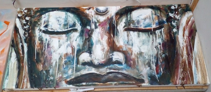 a painting of the face of the Buddha, it is wide horizontally, there are splatter and drip effects on it, it is done in an impressionist style, his eyes are closed in meditation