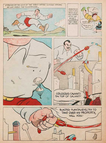 a page from a comic book, a giant man in white clothing with red shorts is running around causing problems