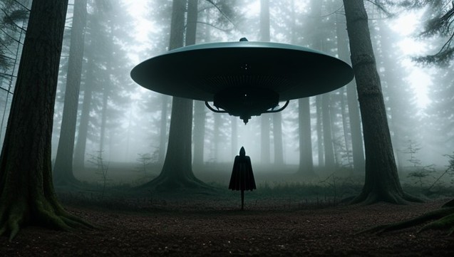 An alien being stands underneath a floating saucer in a dark and foggy forest