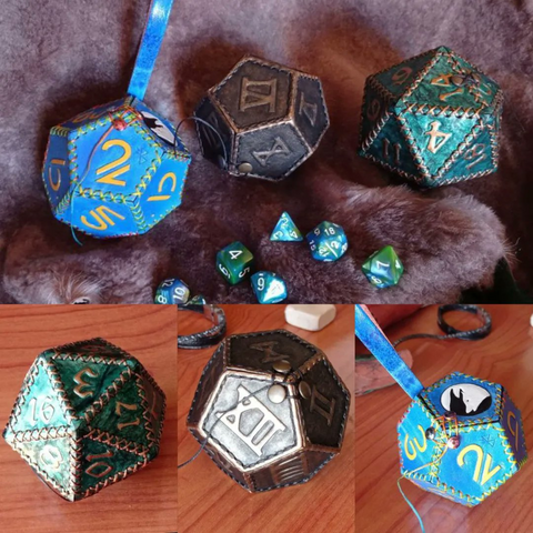 Four pics of the three dices, the group above in line over a brown pelt and a display of a dice set. Under it, individual pics of each one on a wood table