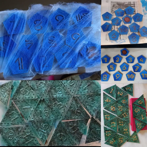 Pics of colour processes of the blue and emerald dices, using a false web for the marble effect, and the numbers painted in an opposite colour to make it pop up