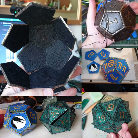 Pics of the dices during the stitching process. Multicolour thread for the blue dice and black thread for the emerald one, both doing a cross-stitch, and black thread for the bronze one, showing how it's subtle on the outside and completely invisible on the inside of the dice