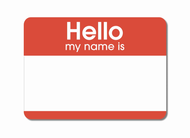An animated graphic of a red "Hello, my name is" stick-on meeting badge with the name "New Normal" appearing and disappearing