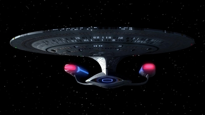 Image of the ship from Star Trek the Next Generation. The notable feature of the ship is a large saucer section.