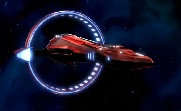 Animation of the Vulcan ship Sh'vhal from the TV show Star Trek: Lower Decks. The notable feature of the ship is a ring around the back of the ship.