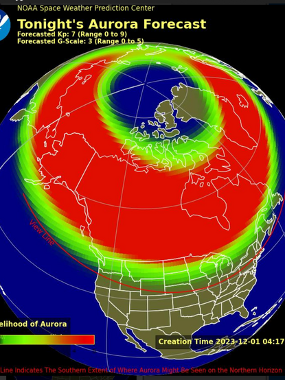 A map of North America (projected as if looking at North America from space), produced by NOAA's space weather prediction centre. It shows the likelihood of an aurora appearing in different places. Almost the whole of Canada is red (highest likelihood). Vancouver is pale green (low likelihood). Nova Scotia, Newfoundland and Ellesmere Island have no likelihood of an aurora appearing.