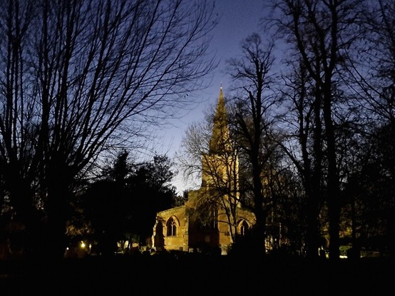 View of 800 year old church UK just after sunset ladt day in November 2023 #lindasgoluppiart