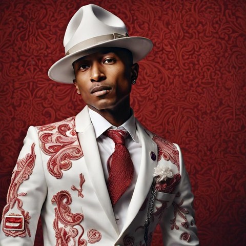 21st century music art: Pharrell Williams, white suit and forest ranger type hat, shiny red tie that has narrow lined pattern, suit has large red paisley patterns, background is a red patterned wall