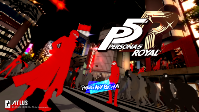 Persona 5 Royal starting screen. Depicts people in a Japanese-style crosswalk.