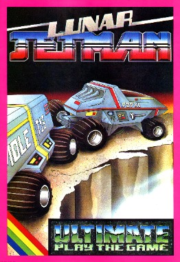 Cover of the Ultimate, Play the Game, ZX Spectrum game 'Lunar Jetman' (1983), showing the moon buggy vehicle and trailer negotiating the edge of a canyon drop.