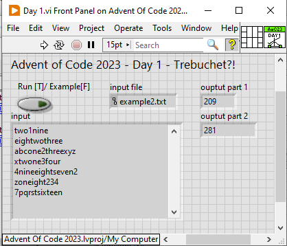 LabVIEW front panel of my Day 1 solution to Advent of Code 2023