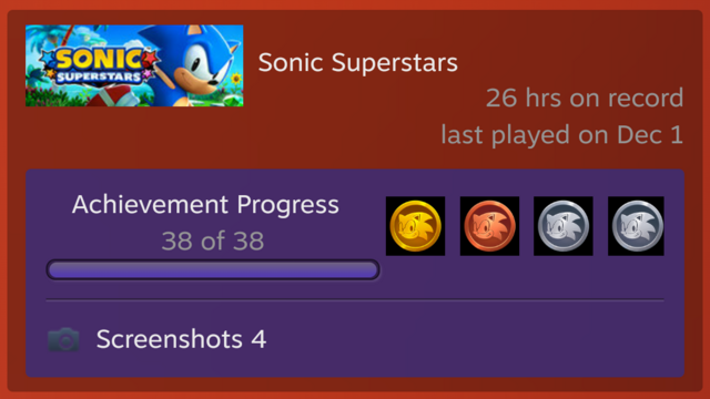 Cropped screenshot of Steam Profile showing 38/38 achievements for Sonic Superstars