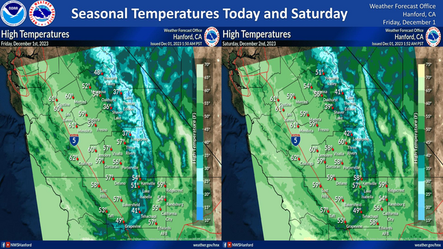 High temperatures throughout Central California both this afternoon and Saturday afternoon will be near normal for this time of year.