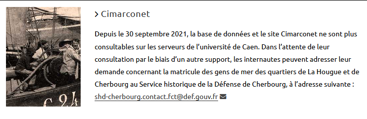 Annonce sur le site de l'université de Caen de la fin de la consultation sur leurs serveurs de la base de données et site Cimarconet