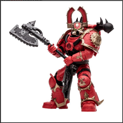 an action figure, it is red with gold and black accents on it, it is holding a large mechanical-inspired axe in its hands, it is a metal suit with tall minimalist antler-tpe designs, green eyes, a gas mask-inspired facemask