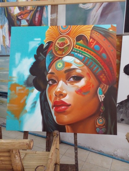 a photo of a painting in my friend's gallery, it is from the neck up of a woman wearing an elaborate headress, covered in beadwork, a large fan-shaped design in the center of the forehead, her hair is dark, she looks at the viewer proudly, she has large earrings, the background is aqua with a patch of tan next in the lower left