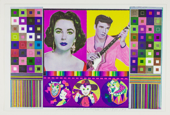 a hoizontal shaped art piece, made up of squares and rectangles arranged together, there are photos of two people, Elizabeth Taylor and another man whose name I dont know, holding a guitar, it is done with lots and lots of different colors, at the bottom in 3 circles are cartoon characters