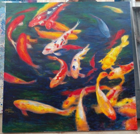 a painting of koi fish swimming around, in colors of orange, red, white with red and / or black spots, they are seen from above swimming around in dark green-blue water