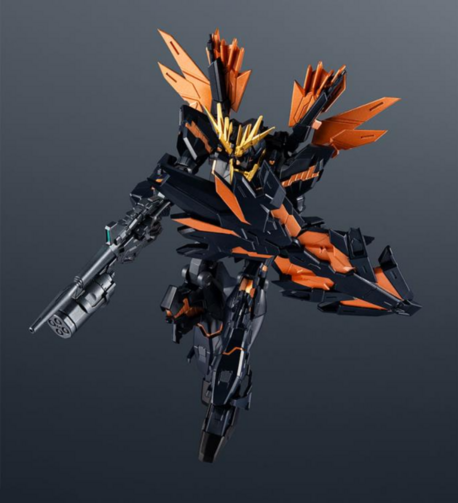 a photo of a banshee gundam, flying in the air, it holds a long gun in its right arm and a shield in the other