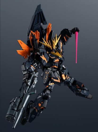 a photo of the gundam banshee model pointing the gun and holding a laser sword