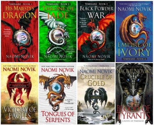 A grid showing the Penguin Random House covers of the first eight Temeraire novels by Naomi Novik.