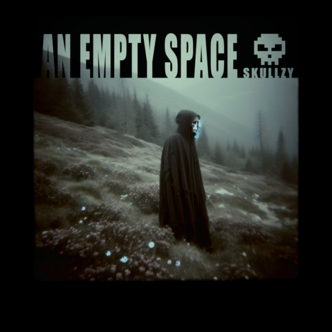 An album cover with a clocked figure with an abstract skull for a face, standing in a sloped open field on a mountain with trees in the background. The title is "an empty space" by Skullzy