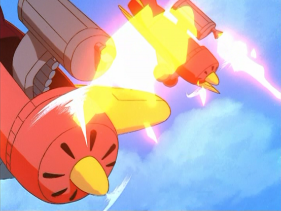 an image from the cartoon , red and yellow toy planes flying and  blasting down live ammunition , the sky is blue