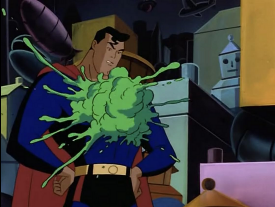 an image from the cartoon of green slime pulsating and undulating on Superman's chest, he stands with his hands on his hips looking confused
