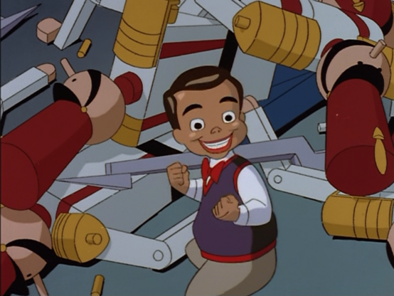 image from the cartoon of the Toyman, the villain from the episode, he has a doll head that is permanently grinning over his head, there are large toy soldiers in a pile behind him, he is clenching his fists