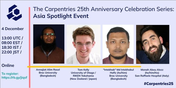 Poster announcement of The Carpentries 25th Anniversary Celebration Series: Asia Spotlight Event on 4 December 2023 at 13:00 UTC or 08:00 EST or 18:30 IST or 22:00 JST. Includes social media hashtag (#Carpentries25) and photos of the four speakers. On the left, Annajiat Alim Rasel who works for Brac University in Bangladesh. To his right, Tom Kelly who is affiliated with University of Otago / RIKEN Yokohama in New Zealand and in Japan. To his right, “Intekhab” Md Interkhabul Hafix (he/him), who is at Brac University in Bangladesh. And finally, to his right, Monah Abou Alezz, who is at San Raffaele Hospital in Milan, Italy.