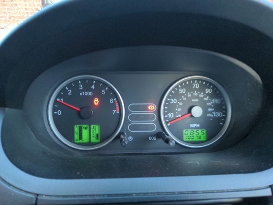The dashboard of my Fiesta as I start my journey; it is 08:55 and the odometer is reading 100,781 miles. The fuel gauge is full.