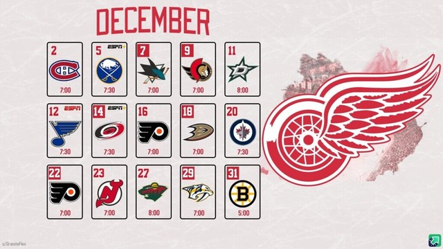 December Red Wings Desktop and Mobile Schedule